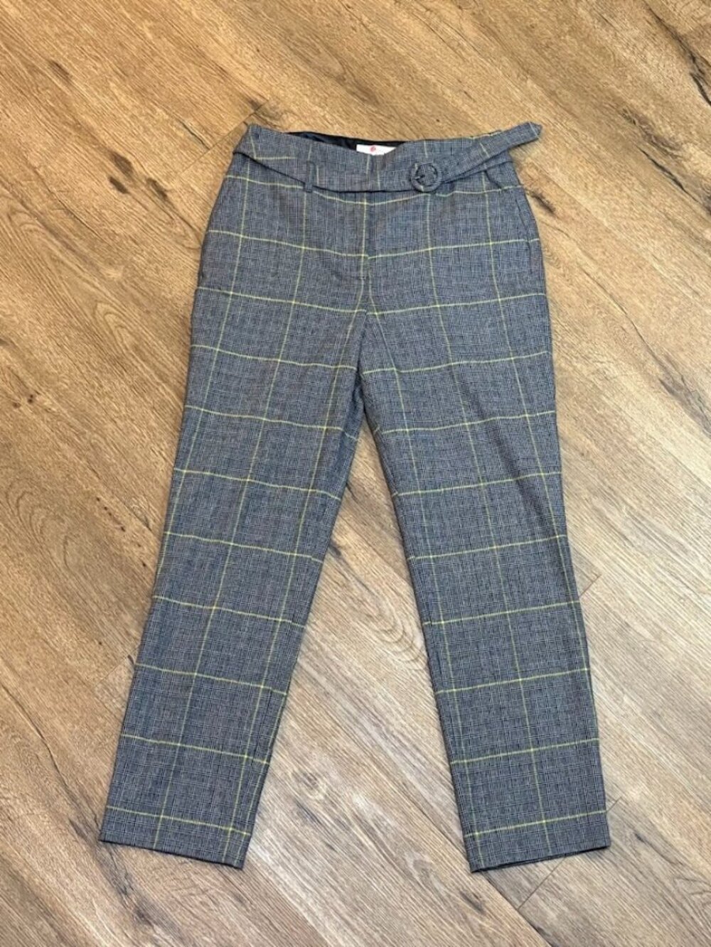 Boden Plaid Belted Trousers Size 6 Gray Neon Yellow Check Pants
